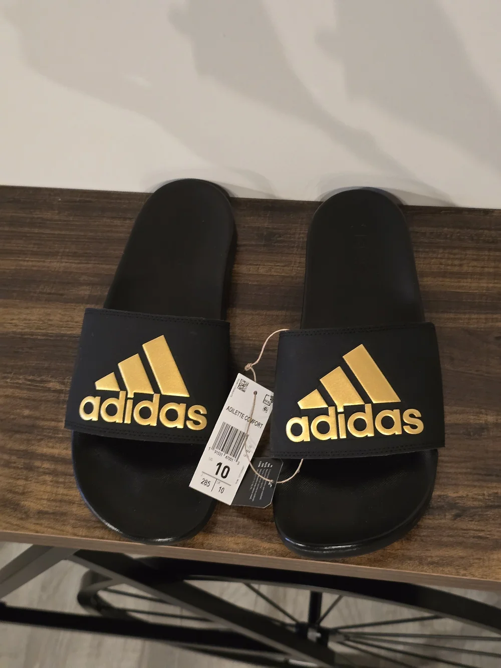 NWT adidas Black Slides with Gold Logo Strap - Men's 10
